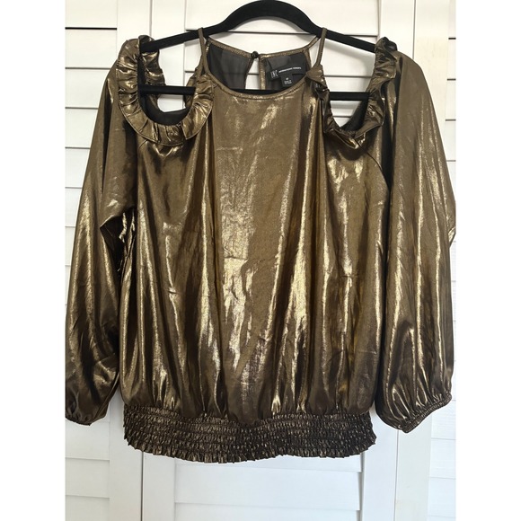 INC Cold Shoulder Gold Metallic Blouse Ruffle Long Sleeve Party Top Size M - Picture 1 of 10